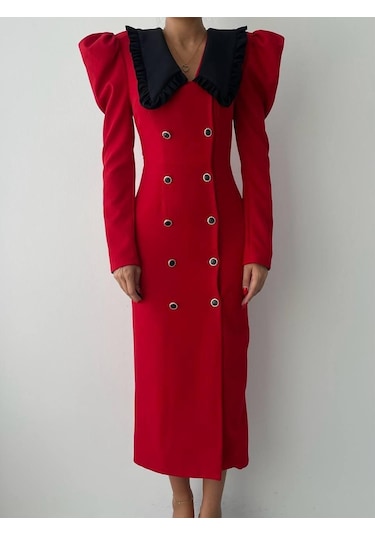 S-pazarım Palmas Geniş Yakalı Elbise Kırmızı