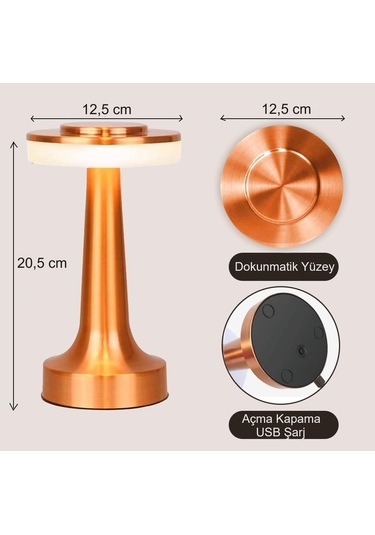 Hymark Retro Şarjlı Dekoratif Dokunmatik Metal Masa Lambası 3 Ren