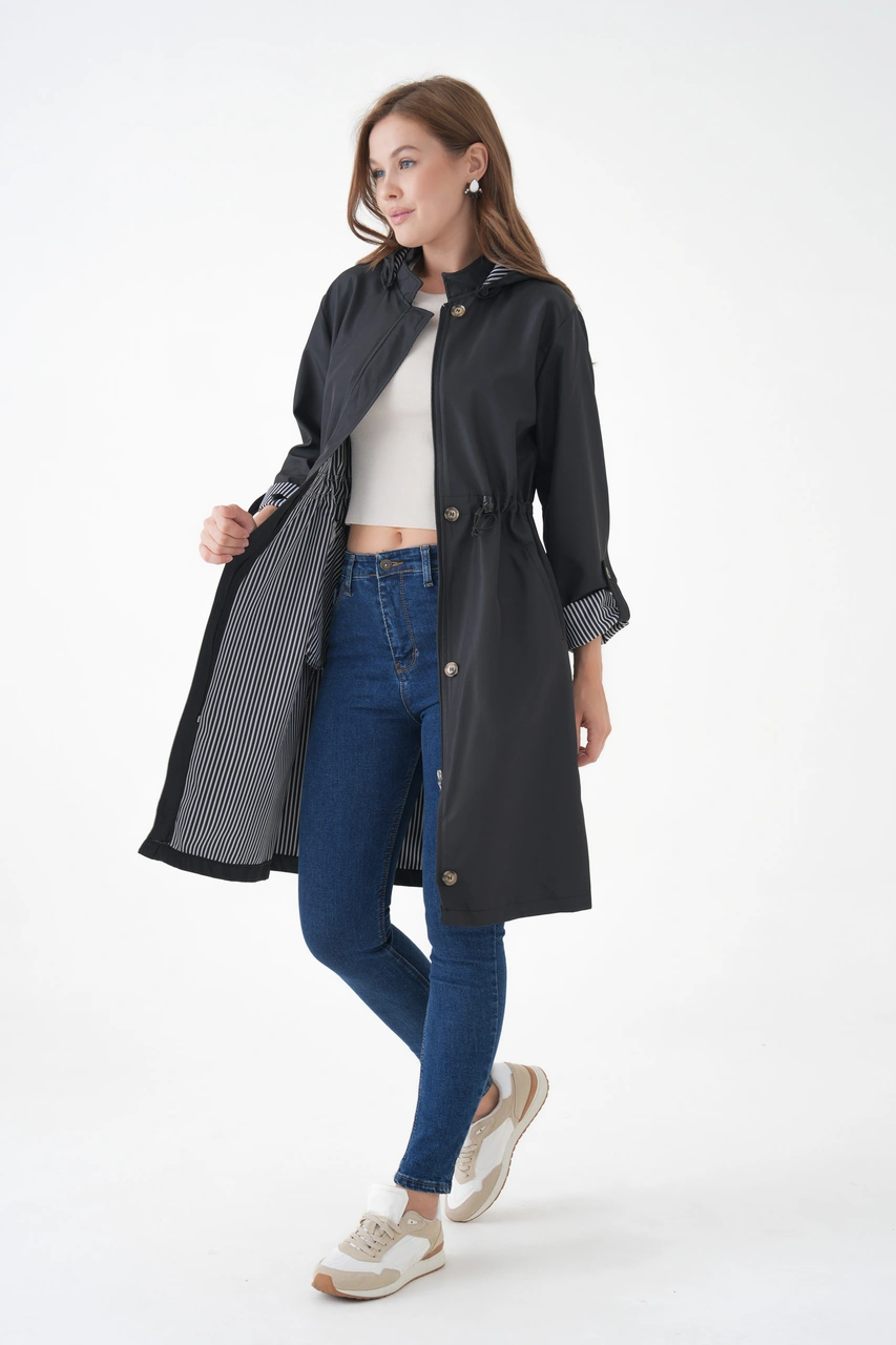 Kadın Rüzgar Ve Su Geçirmez Bondit Kumaş Çıkarılabilir Düğmeli Kapüşon Beli Tünelli Mevsimlik Trençkot Siyah