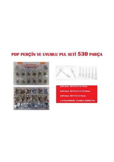 POP PERÇİN VE UYUMLU PUL SETİ 530 PARÇA  3-4-5mm
