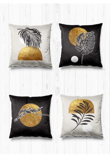 Çift Tarafı Farklı Desenli Süet 4'lü Kırlent Kılıfı-Altın Soyut Şekiller