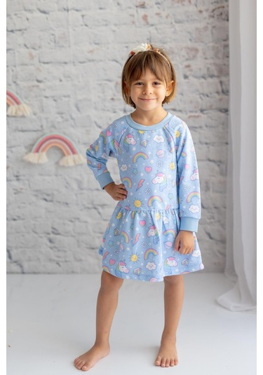 Zeyland Kız Çocuk Unicorn Baskılı Uzun Kollu Örme Elbise Mavi