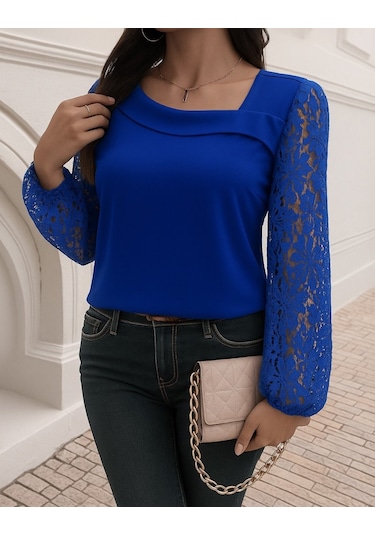 Tua Moda Kadın Uzun Kollu Asimetrik Yakalı Dantelli Ithal Krep Bluz Saks Mavi