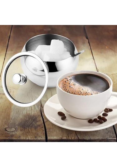 304 Paslanmaz Çelik Şeker Kasesi Ile Kapaklı Ve Kaşık Ev Ve Mutfak, Depolama Konteyner Baharim Şeker Baharat Kavanoz Şeker Ve Amp Krema Tencere Ahşap