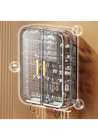 Siyah Ve Gri Duvara Monte Küpe Ve Kolye Saklama Rafı, Şeffaf Plastik A