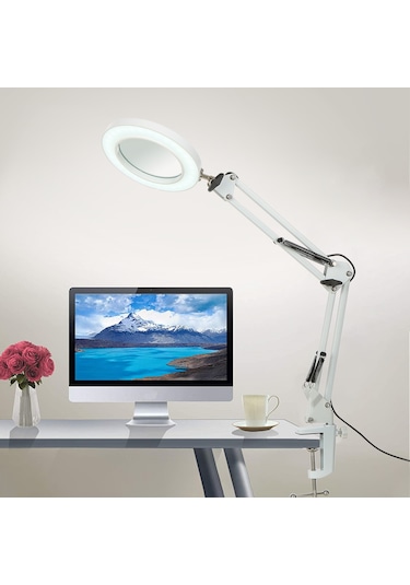 Neoglint Beyaz 8x Büyüteçli Neoglint Esnek Kelepçeli Masa Lambası