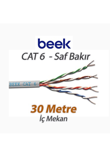 Beek Cat6 Saf Bakır F-utp Iç Mekan Data Kablosu Awg 23 1/0.4tc Od:7.5mm Lszh Gri Renk 30 Mt