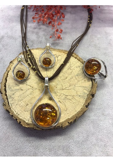 Kehribar Taşlı Gümüş Set 925 Ayar El İşi