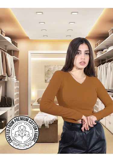 Pamuklu Kaşkorse V Yaka Body Sweatshirt, Fitilli Kumaş Likralı Bluz, Asker Yeşili Badi Kahve