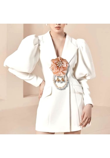 Pudra Saten Gül Broş, Yaka İğnesi, Yaka Çiçeği Pudra