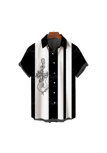 Snapbuyerkek Müzikal Gitar Baskılı Hawaii Gömlek Kısa Kollu Plaj Parti Üst Büyük Bedenbej Bej