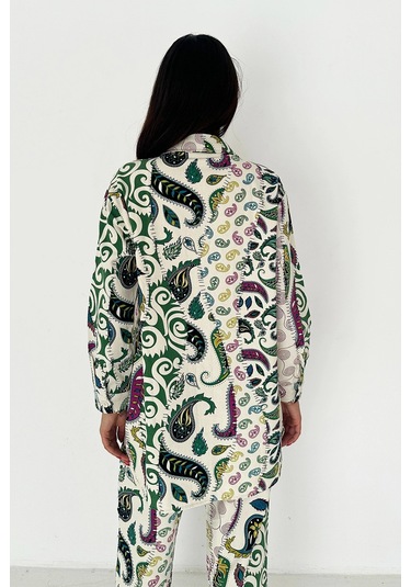 Etnik Desen Baskılı Keten Takım Yeşil Yeşil