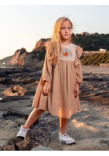 Kız Çocuk Pamuklu Çiçek Dantelli Turvakar Kol Elbise-12661-camel Camel