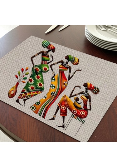 Afrikalı Kadınlar Tasarımlı Amerikan Servis, Tabak Altlığı & Şık Masa Dekoru, Ev Hediyesi, 2 Adet Krem