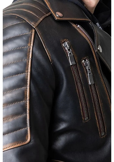 Derije Lucas Hakiki Deri Erkek Vintage Eskitme Biker Motorcu Tarzı Ceket-Mont