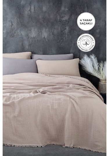 %100 Pamuk Çift Kişilik Müslin Yatak Örtüsü 4 Katlı Yumuşak Battaniye Müslin Pike Takımı 3 Parça Cappuccino Cappucino