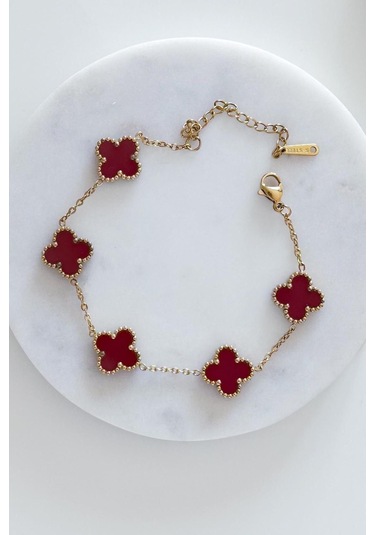Gold Bordo Doğal Taşlı Premium Çelik Bileklik Gold