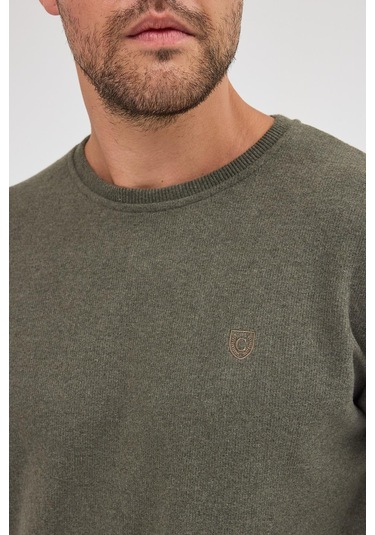 Erkek Haki Standart Fit Normal Kesim Pamuklu Basic Bisiklet Yaka Sweatshirt Haki