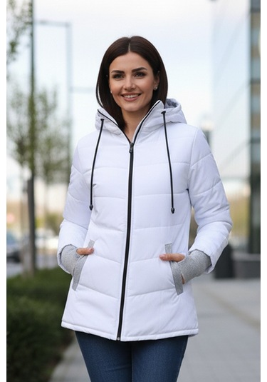 Günlük Su Geçirmez Kışlık Eldivenli Kadın Şişme Beyaz Mont Beyaz