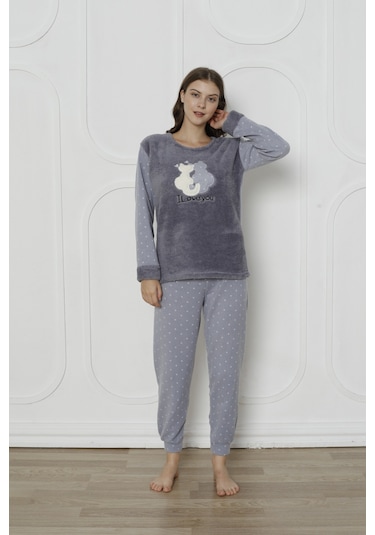 Fawn 3011 Peluş Welsoft Polar Kışlık Kadın Ev Kedi İşlemli Pijama Takımı Gri