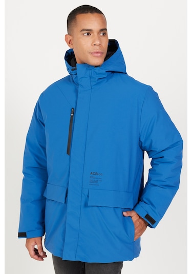 Ac&Co / Altınyıldız Classics Erkek Saks Kapüşonlu Dik Yaka Standart Fit Kaban Saks Mavi
