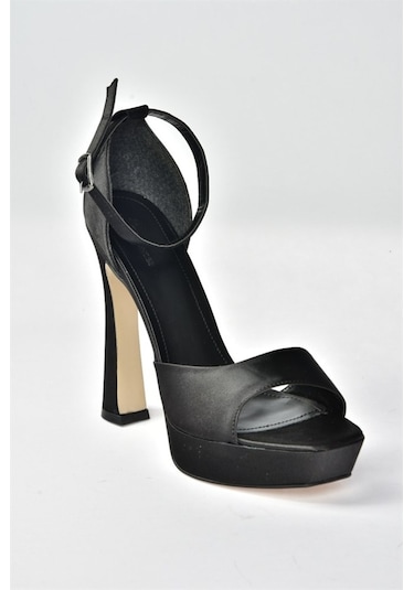 Fox Shoes Siyah Saten Kumaş Platform Kalın Topuklu Kadın Ayakkabı