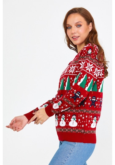 Tarz Cool Kırmızı Kadın Christmas Yılbaşı Kazağı Kırmızı