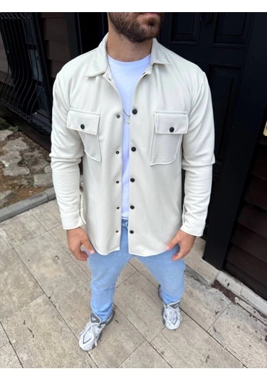 Erkek Diagonal Kumaş Cepli Çıtçıtlı Uzun Kollu, Gömlek Oversize Rahat Kalıp Günlük Şık Til Beyaz Beyaz