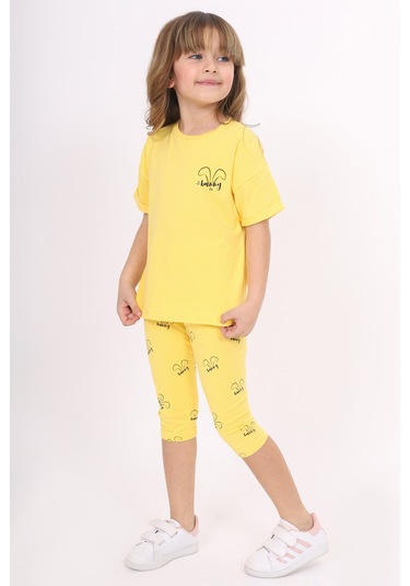 Toontoy Kız Çocuk Baskılı Kaprili Takım Koyu Sarı