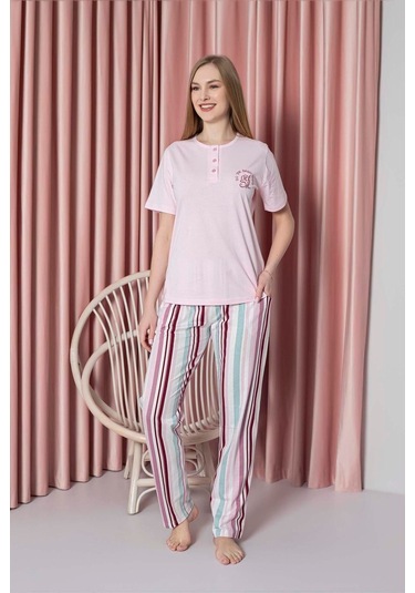 Ahengim Kadın Pijama Takımı Süprem Kısa Kollu Alt Çizgili Göğüs Nakışlı Pamuklu W20722328 ŞEKER PEMBE Ahengim Kadın Pijama Takımı Süprem Kısa Kollu Alt Çizgili Göğüs Nakışlı Pamuklu W20722328 ŞEKER PEMBE
