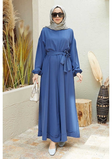 6569-Krep Tulum Elbise İndigo