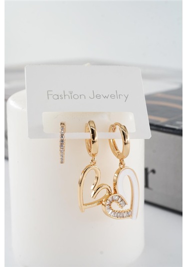 Kadın Vip Seri Zirkon Taşlı Mineli Kalp Model 3'lü Küpe Seti Çok Renkli