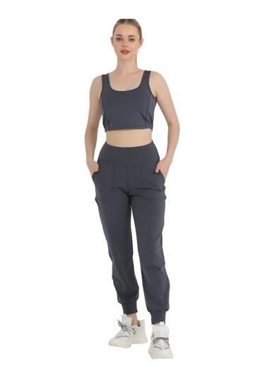 Kadın Curve Eşofman Alt Antrasit Jogger Dalgıç Kumaş Yüksek Bel Çift Cepli Joggers 1061 Antrasit