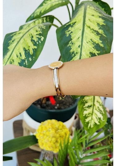 Allmisse Altın Kaplama 316l Kalite Zirkon Taş Detaylı Ata Çelik Kelepçe Bileklik - Altın