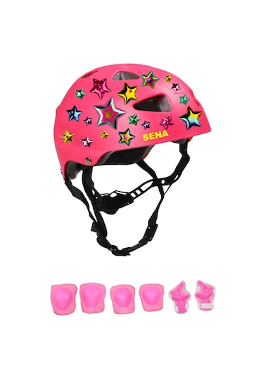 Pembe Çocuk Kaskı Yıldızlar Ve Harfler Stickerlı Spor Koruyucu Kask Pembe Dizlik Dirseklik Seti Pembe