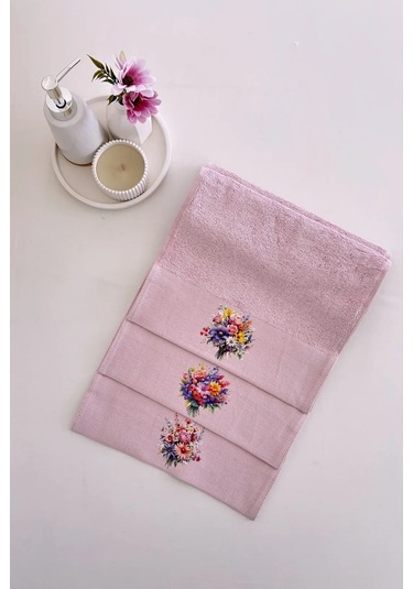 3'lü Çiçek Baskılı Bambu Havlu Takımı - Pembe El & Mutfak Havlusu Seti - Ekstra Yumuşak - 30x50 Cm Pembe