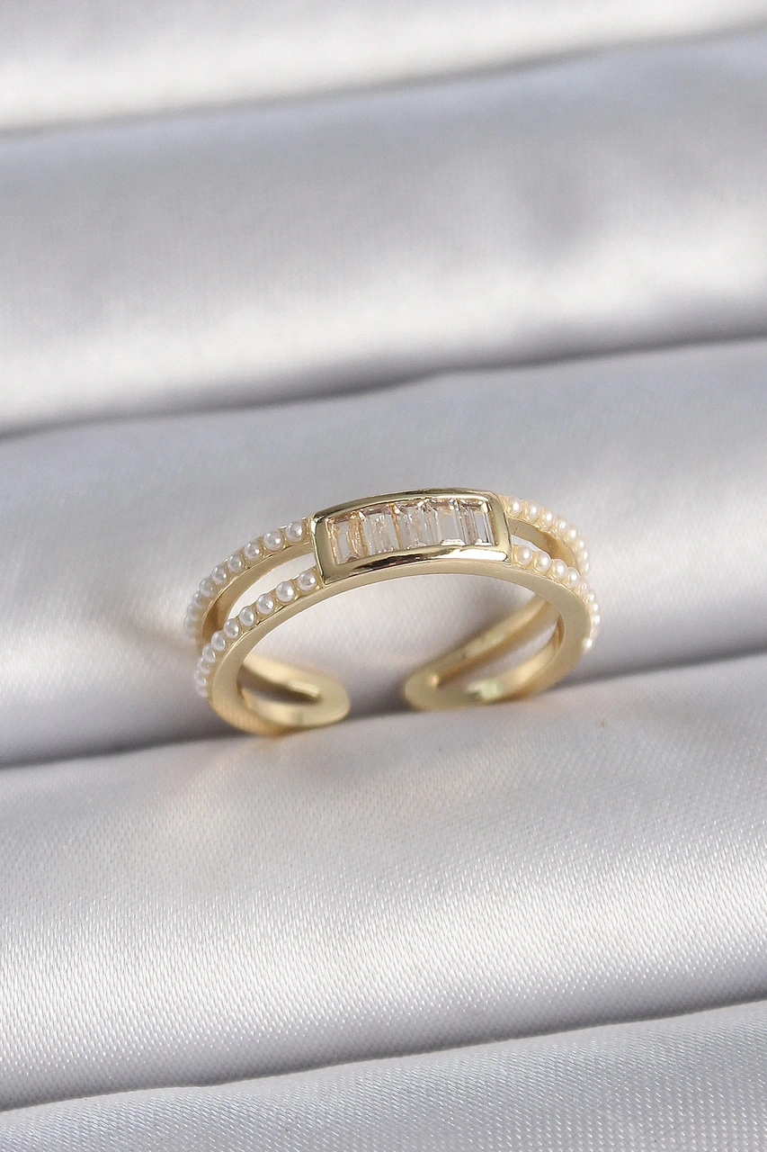 Dodes Pirinç Gold Renk Ayarlanabilir Sıralı İncili Zirkon Taş Detaylı Kadın Yüzük Tg27byk3380 Çok Renkli