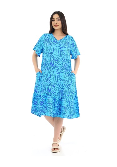 Schık Kadın Viskon Yarım Kol V Yaka Cepli Fırfırlı Elbise Siyah Mavi