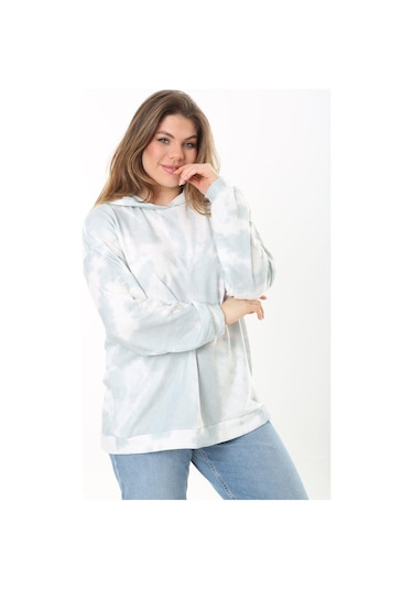 Kadın Büyük Beden Yeşil Batik Desenli Kapşonlu Sweatshirt 65n37521-yeşil Yeşil