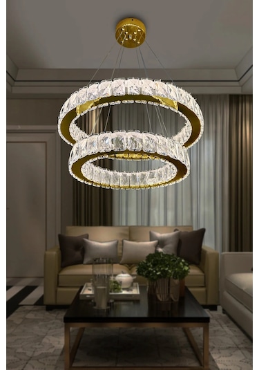 2 Katlı Daire Kristal Taşlı Modern Led Avize Salon & Oturma Oda Çok Renkli