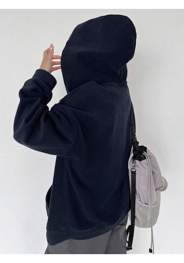 Süper Power Hırka - Lacivert Baskılı Oversize Kapüşonlu Lacivert