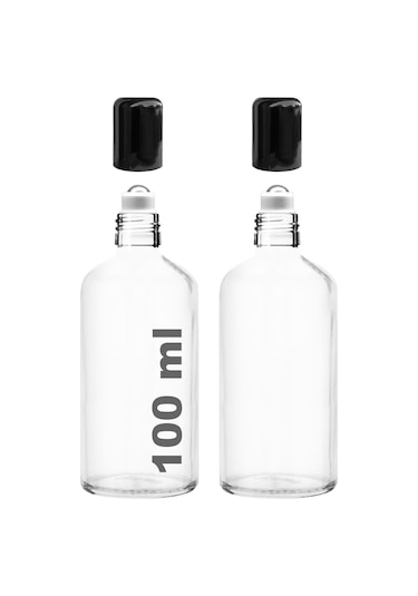 Çelik Roll On Şişesi 100 ML Sızdırmaz Siyah Kapaklı Şeffaf Cam Şişe 2 Adet
