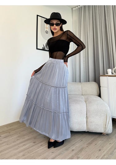 Büzgü Detaylı Beli Lastikli Etek 6005-gri Gri