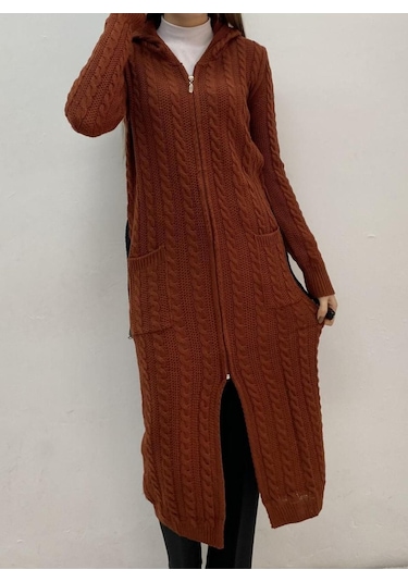 Onno Style Woman Fermuarlı Uzun Triko Hırka Kahverengi