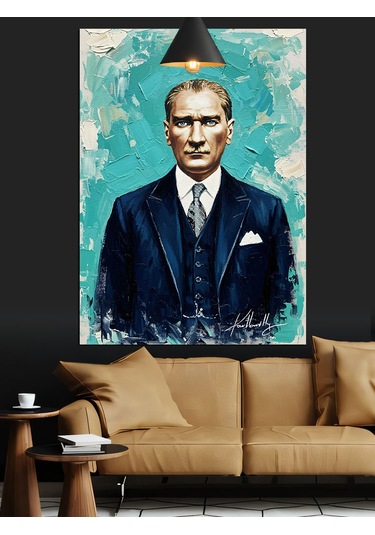 Mavi Fonlu Mustafa Kemal Atatürk Portresi Dekoratif Kanvas - Mdf Ahşap Tablo