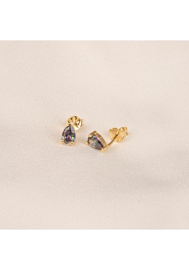 Altın Küpe - 14 Ayar Altın Damla Desenli Mistik Topaz Taşlı Küpe Sarı