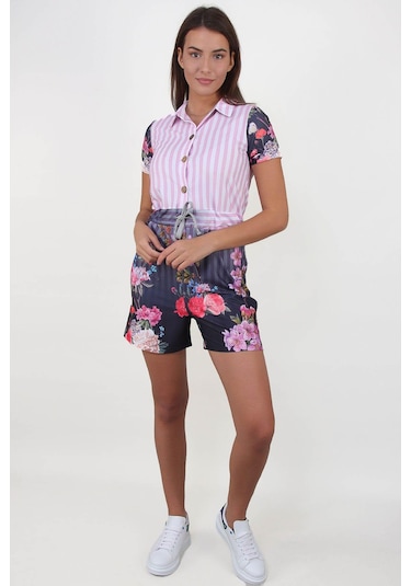 Alexandergardı Çiçek Desenli Gömlek Yaka Tulum B19-1510 Mor