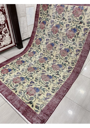 El Dokuma Eskitme 145X240 Kırmızı Mavi Güllü Vintage Yün Halı ! Kırmızı