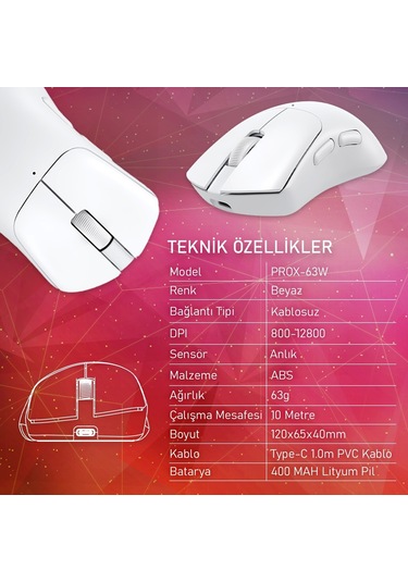 Gameagle PROX-63W Ultra Hafif Kablosuz 3 Mode Optik Oyuncu Mouse