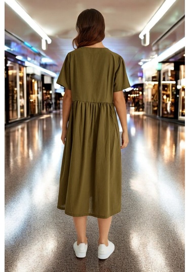 Beli Büzgülü V Yaka Keten Elbise Haki